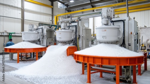 Industrial plastic pellet manufacturing process with machinery and raw materials in a factory setting for sustainability concept photo