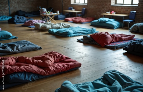 Spacious room offers temporary sleeping arrangements for individuals affected by crisis. Blankets, pillows laid out on wooden floor. Room provides basic accommodation. Tranquil setting for temporary