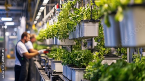 In a modern agricultural facility, factory workers are meticulously inspecting herbs cultivated in a vertical farm, highlighting the innovative approach to sustainable and efficient food production