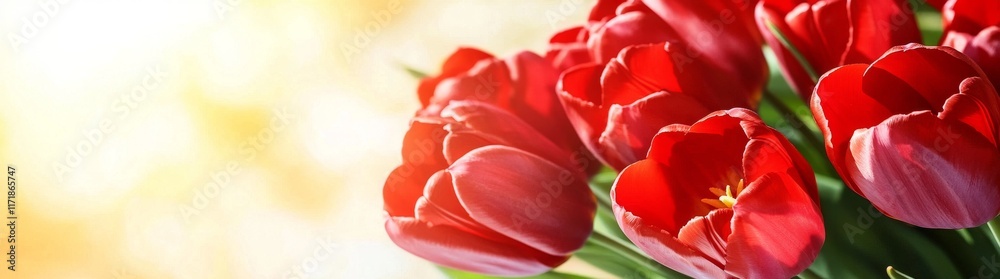 A panoramic view of a field filled with blooming tulips, bathed in the spring sunshine