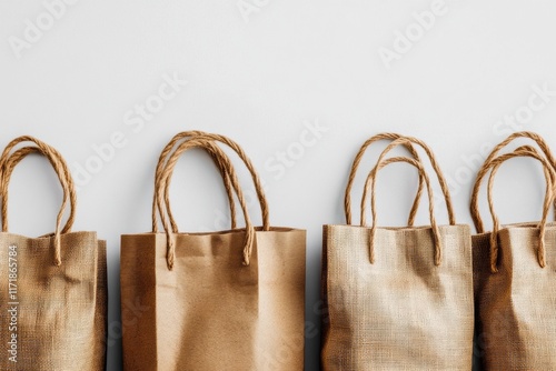 Eco-friendly kraft paper bags with handles, promoting sustainable shopping and waste reduction, environment protection concept photo