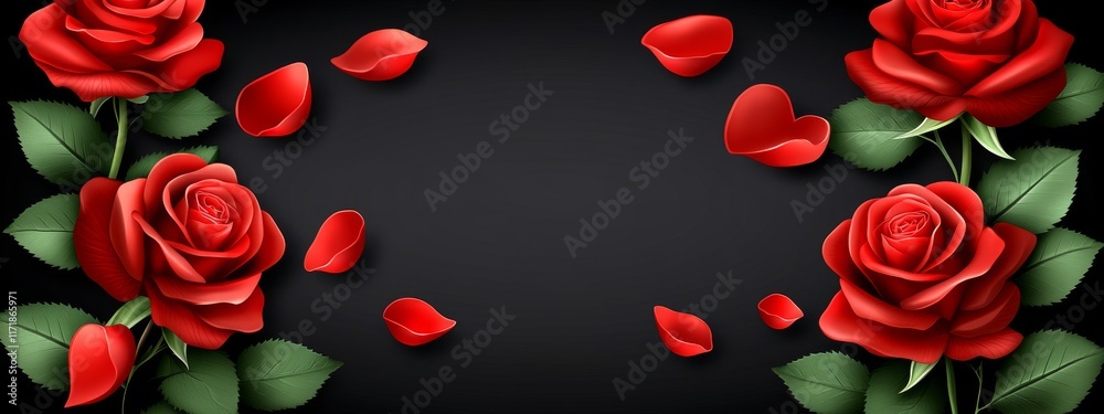 A scene featuring flying petals and red roses on a red backdrop, with ample space for additional text. This composition showcases a creative levitation of floral elements in a natural style,