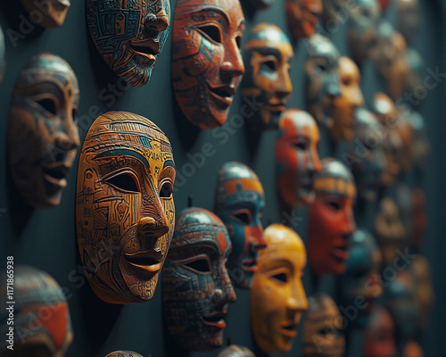 Colorful Traditional African Masks Displayed on a Dark Wall in Artistic Lighting photo