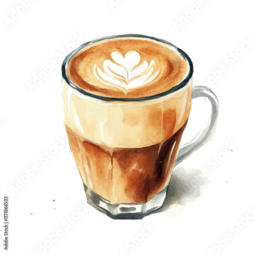 A watercolor vector painting of a latte, isolated on a white background. Latte vector.


