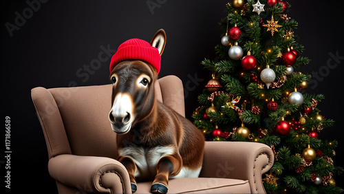 A charming donkey wearing a festive red bobble hat sits humorously on an armchair beside a beautifully decorated Christmas tree, set against a dark background. photo