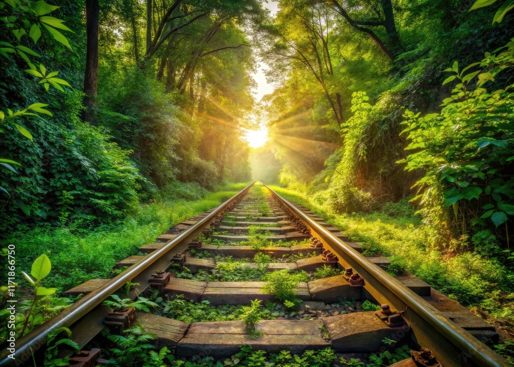 Fototapeta premium Rustic railroad tracks wind through serene countryside; a photographer's dream of nature's reclamation.