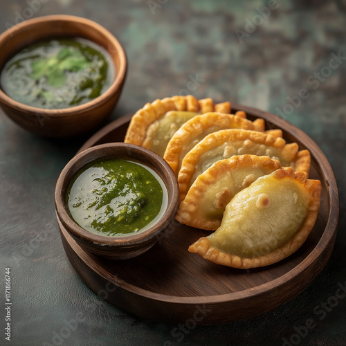 Delicious golden dumplings with green chutney on wooden platter photo