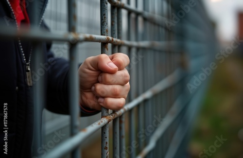 Child refugee holds metal fence. Hand grips barrier. War migrant problem. Sad emotion. Social problem highlighted. People behind fence. Concept of imprisonment. Life difficult. Border conflict.