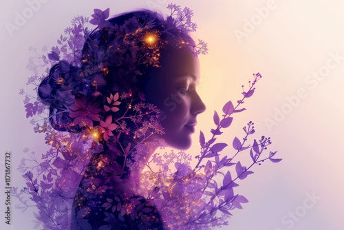 Woman's silhouette intertwined with floral patterns, glowing softly. Concept of nature and human connection. For art and meditation materials