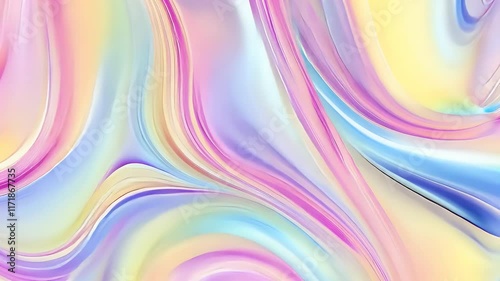 Abstract iridescent holographic background animation.  Fluid pastel colors swirl and flow creating a mesmerizing, dreamy, and magical visual effect, perfect for trendy designs, social media, and more.