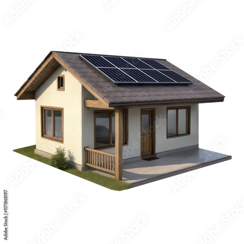 Cozy village house with solar panels in the roof isolated on transparent background