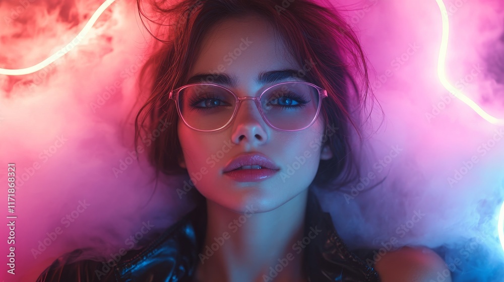 portrait of a girl with glasses in neon lights