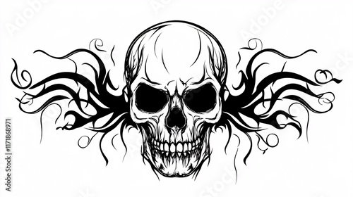 A detailed black and white skull illustration with tribal flame-like elements extending from both sides creating a bold gothic design

