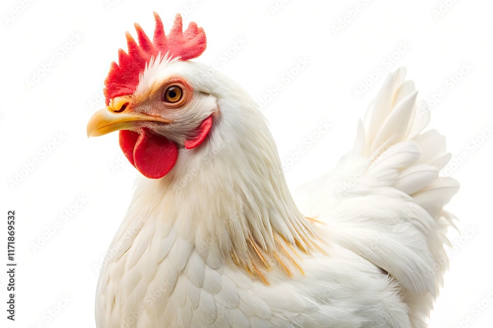 Fototapeta premium Studio-shot of a pure white chicken, isolated on a clean white background; showcasing its plumage.