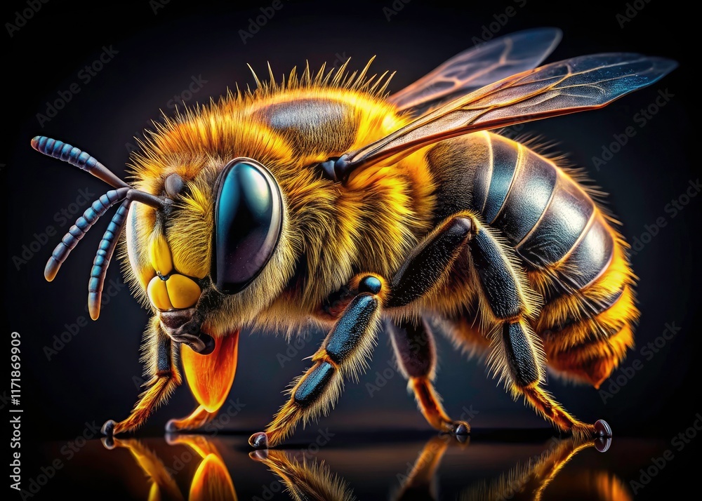 Stunning drone macro photography reveals intricate bee details against a dramatic black backdrop. Stunning drone macro photography reveals intricate bee details against a dramatic black backdrop.