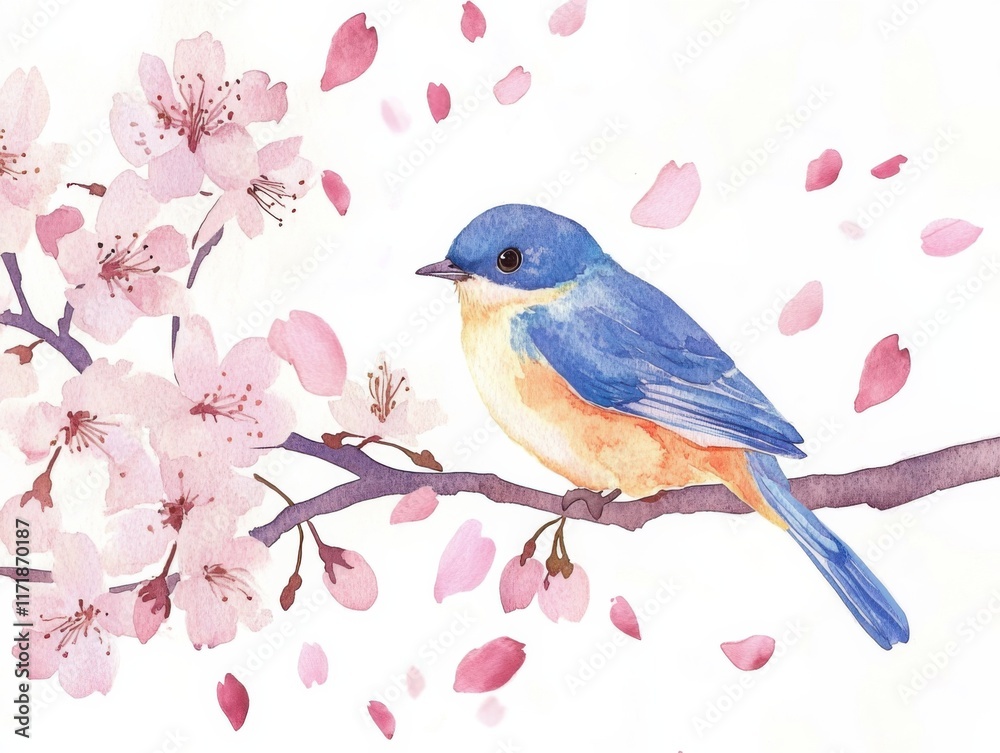 Fototapeta premium Whimsical watercolor of a colorful bird on cherry blossom branch