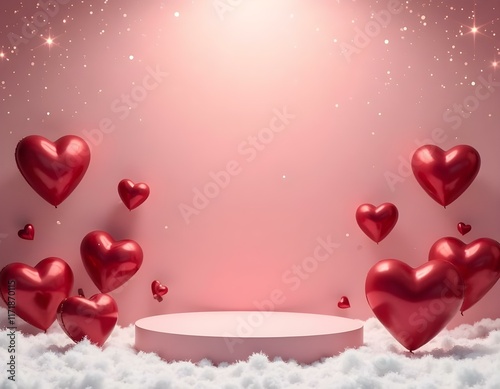 Happy Valentine Day background with cylindrical podium for promotion. Round stage for presentation sale product. Stage pedestal or platform in snow between burgundy hearts, burgundy gift boxes ia