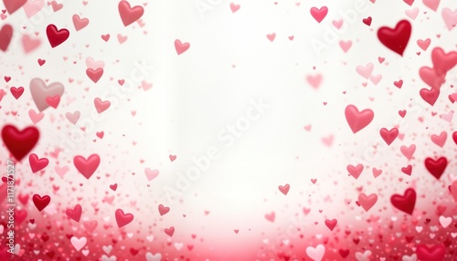 Many small hearts float in air. Pink, red hearts falling down. Valentine Day theme. Romantic, festive background. Perfect for love, celebration concept. Use for cards, invitations, social media posts. photo