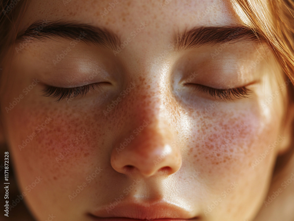 Close Up Portrait of a Freckled Woman with Closed Eyes and Natural Skin Texture Close Up Portrait of a Freckled Woman with Closed Eyes and Natural Skin Texture