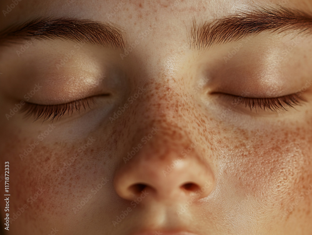 Close Up Portrait of a Freckled Woman with Closed Eyes and Natural Skin Texture Close Up Portrait of a Freckled Woman with Closed Eyes and Natural Skin Texture