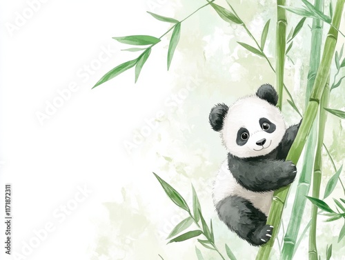 Whimsical watercolor panda baby in spring bamboo forest