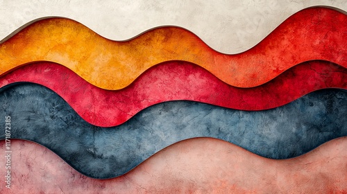 Abstract wavy layered texture background in red, orange, blue, and beige.