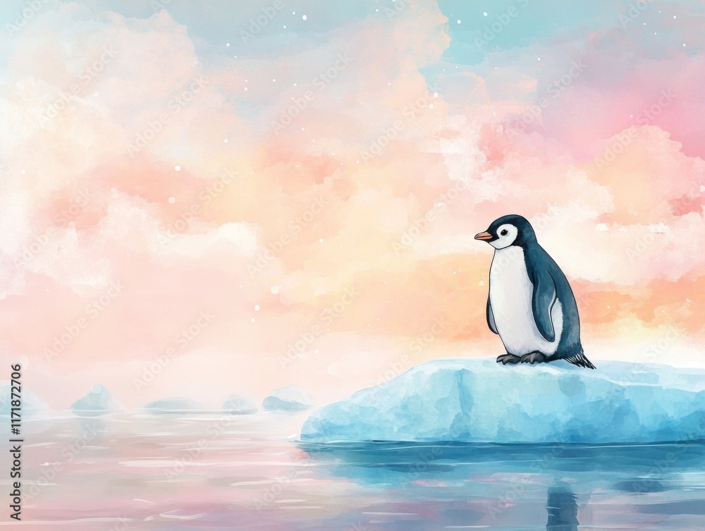 Obraz premium Whimsical watercolor penguin on iceberg at sunset - perfect for baby room decor