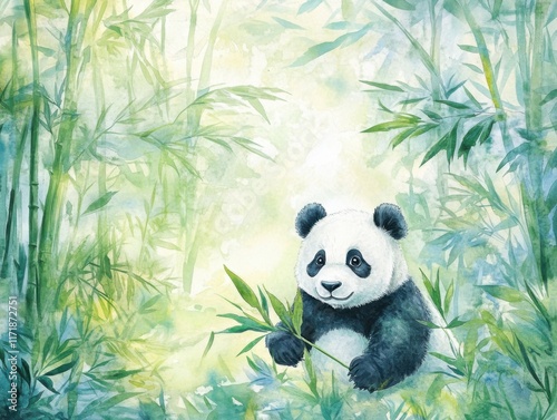 Whimsical watercolor portrait of a panda in a lush bamboo forest setting photo