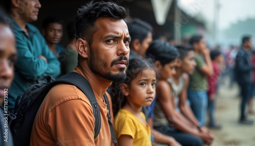 People seek refuge in disaster shelter. Many people wait in crowd. Children, adults present. Sense of anxiety, uncertainty hangs in air. Difficult situations create distressing conditions, need for