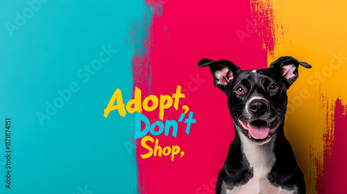 A cheerful dog with a vibrant background promotes the message, 