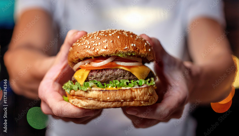 A man holding a delicious cheeseburger with lettuce, tomato, pickles, and onions, set against a background of warm, glowing lights. A man holding a delicious cheeseburger with lettuce, tomato, pickles, and onions, set against a background of warm, glowing lights.