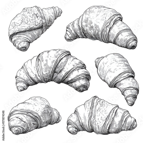 Black and white vintage croissant illustration for culinary design and decoration
