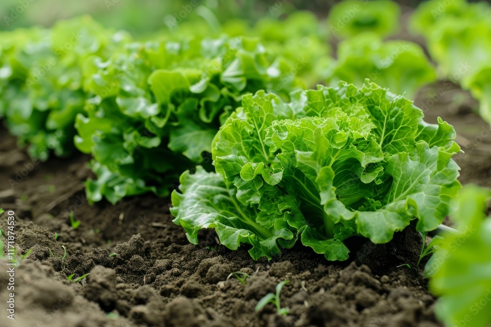 Rows of vibrant green lettuce thriving in rich soil, ready for harvest Rows of vibrant green lettuce thriving in rich soil, ready for harvest