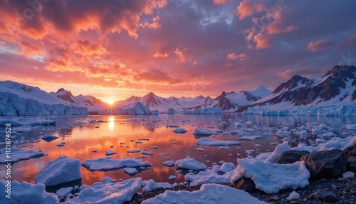 A sunset over the Antarctic Peninsula.  Icebergs glowing orange and pink under the fading light.  Reflective waters and serene, untouched landscape.  Iconic and breathtaking destination.