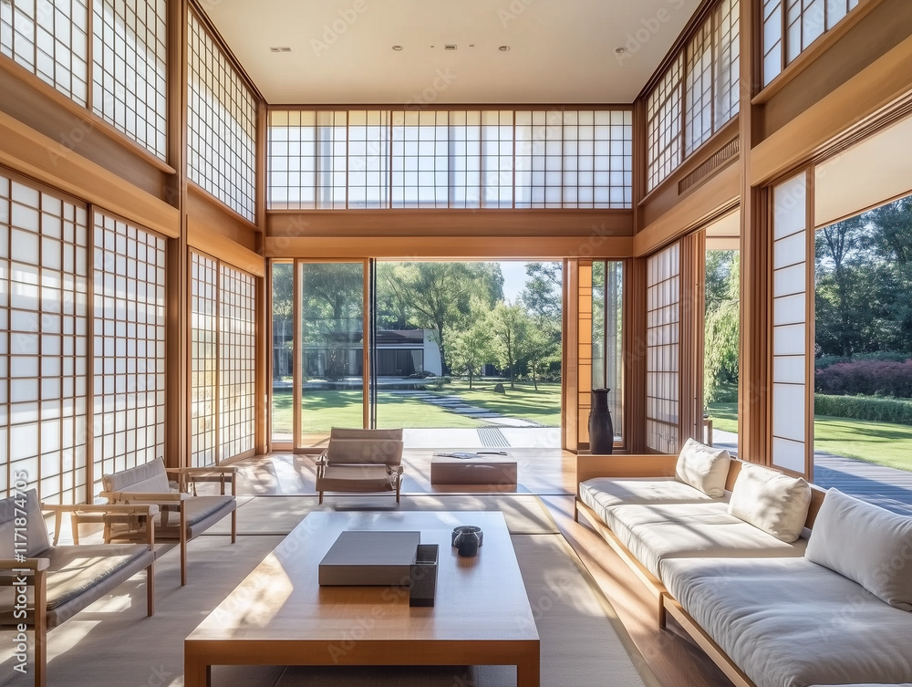 Fototapeta premium A modern home's living room features a Japanese-inspired interior design with minimalist furniture, shoji screens, and traditional tatami mats, creating a serene and harmonious space 