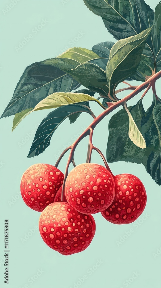 Obraz premium Ripe juicy red berries growing on a lush green foliage branch in a natural organic setting The berries are vibrant and freshly harvested showcasing the beauty and abundance of nature s bounty
