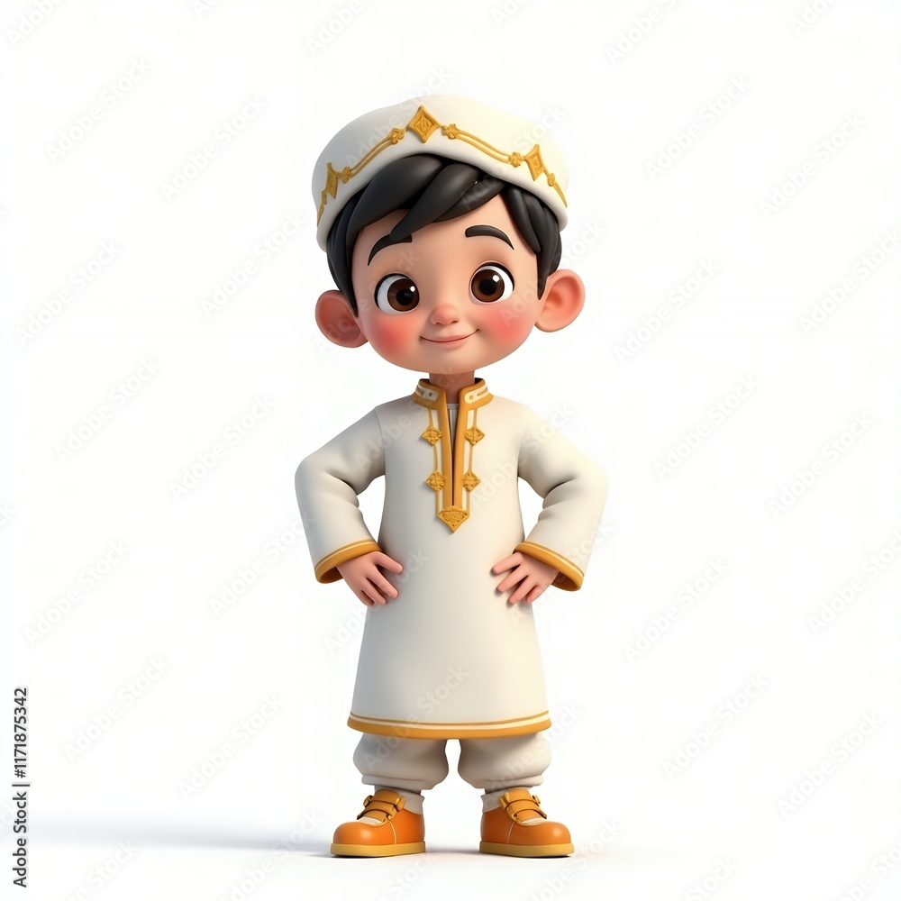 Adorable 3D Render of a Young Boy in Traditional Clothing