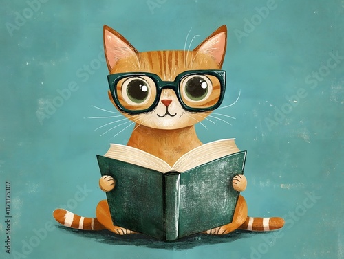 Cute orange cat wearing glasses and reading a book on blue background, celebrating International Cat Day photo