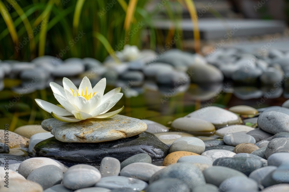 Fototapeta premium Serene white water lily rests on stacked stones in a peaceful pond, creating a tranquil and meditative scene