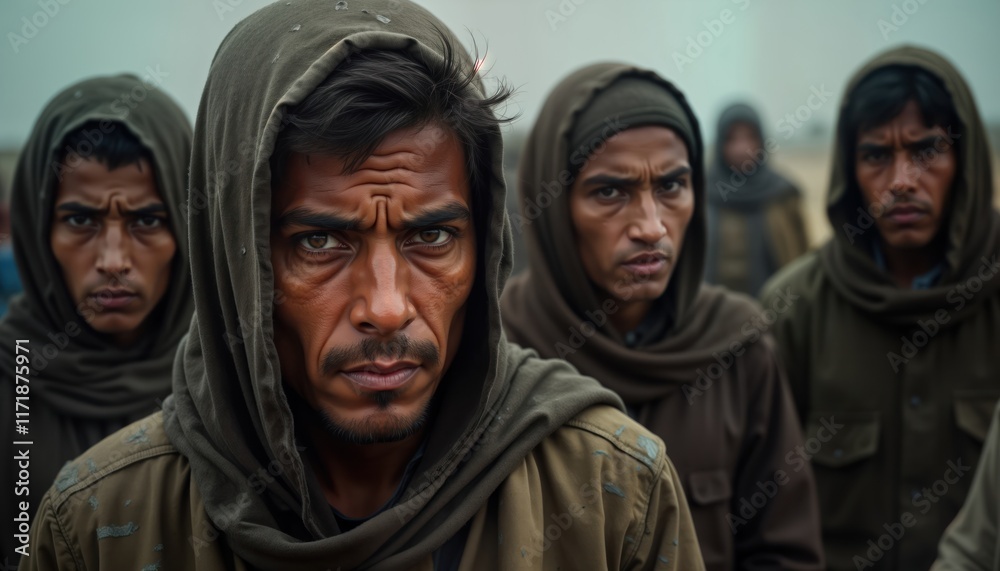Refugee group look at camera with serious expressions. People wear dark clothes. Stand in row. Likely displaced by conflict. Expressions indicate suffering, distress. Wait in row. Desperate group of Refugee group look at camera with serious expressions. People wear dark clothes. Stand in row. Likely displaced by conflict. Expressions indicate suffering, distress. Wait in row. Desperate group of