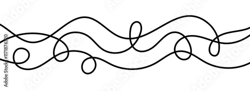 Thin squiggly lines. Wavy wiggle stripe pattern decoration. Curvy thread or yarn lines for ornament, decor, separate, divider. Tangled squiggle linear shapes. Vector