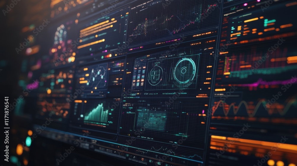 Multiple computer screens displaying complex data visualizations, charts, graphs, and code, suggesting a high tech environment for monitoring and analyzing information in real time Multiple computer screens displaying complex data visualizations, charts, graphs, and code, suggesting a high tech environment for monitoring and analyzing information in real time