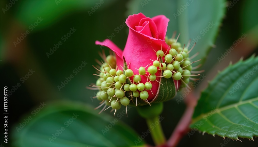 Closeup view of vibrant pink rosebud surrounded by small green berries. Rosebud beautiful shade of pink, delicate. Image shows details of nature. Rosebud tiny thorns. Green berries clustered around Closeup view of vibrant pink rosebud surrounded by small green berries. Rosebud beautiful shade of pink, delicate. Image shows details of nature. Rosebud tiny thorns. Green berries clustered around