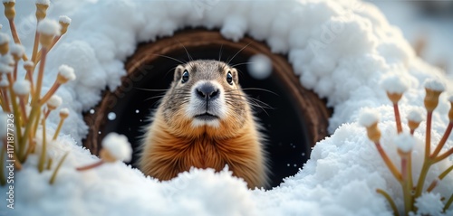 Groundhog emerges from snowy burrow. Cute animal peaking out of hole in winter. Spring approaching. Wildlife scene. Snowy landscape. Nature. Animal in winter habitat. Groundhog Day. February 2nd.