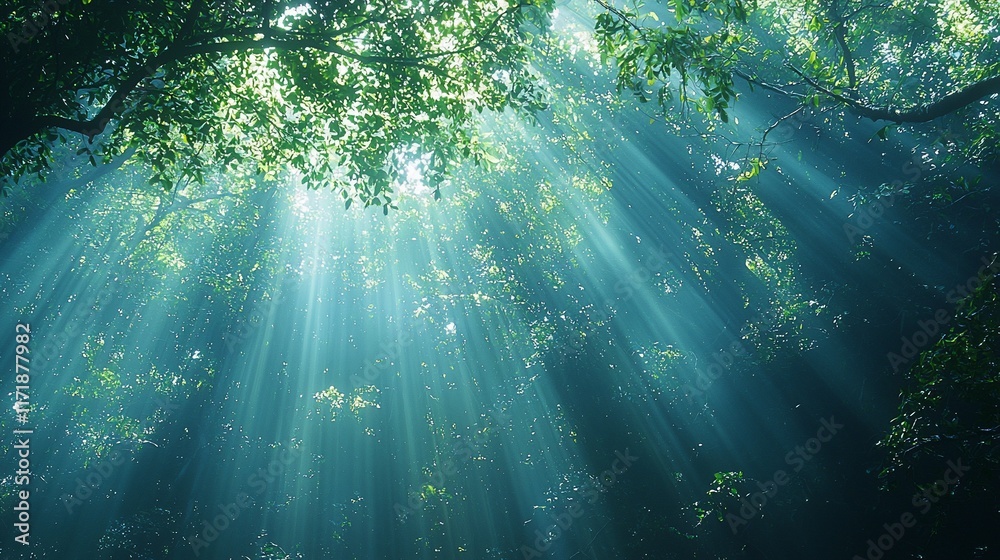 Fototapeta premium Sunbeams penetrate a misty forest canopy.