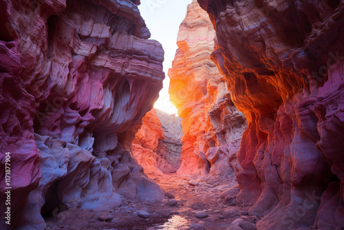 cavern at sunset, with its mesmerizing beauty, reveals a breathtaking display of warm hues from setting sun, a captivating dance of light upon intricate rock formations, and a magical transition betwe photo