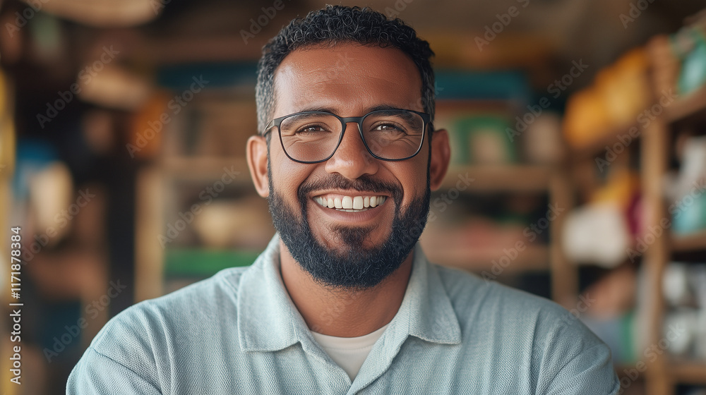 smiling man with glasses in casual shirt, showcasing warm and friendly demeanor in vibrant market setting. smiling man with glasses in casual shirt, showcasing warm and friendly demeanor in vibrant market setting.