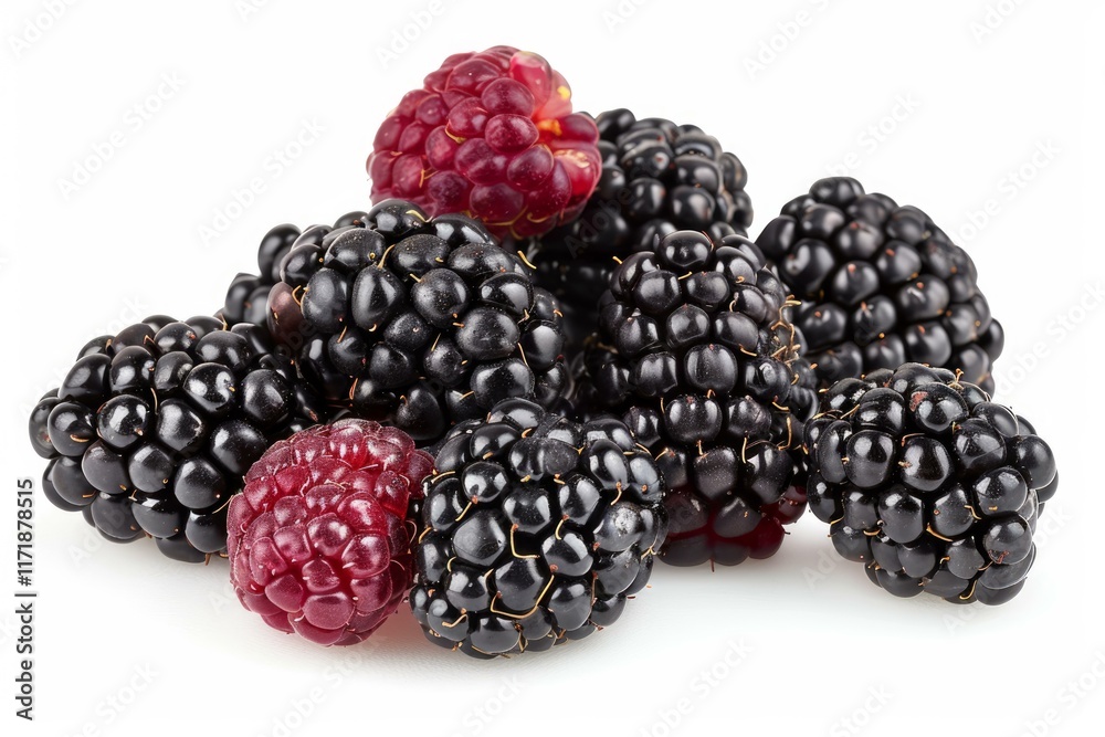 Ripe blackberries and raspberries are forming a vibrant and appetizing mound, showcasing their juicy textures and contrasting colors against a clean white backdrop Ripe blackberries and raspberries are forming a vibrant and appetizing mound, showcasing their juicy textures and contrasting colors against a clean white backdrop