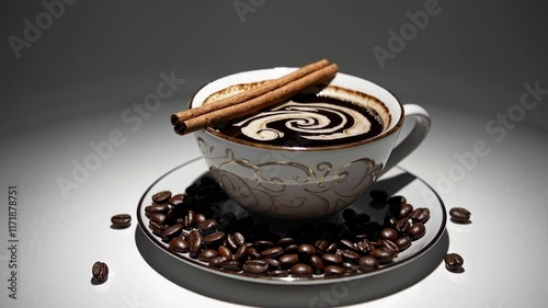 cup of coffee with a cinnamon stick on top, surrounded by coffee beans on a saucer, under focused lighting photo