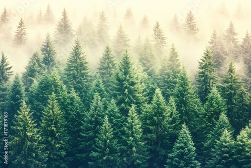 Fir forest in a misty landscape, styled in a hipster vintage retro fashion
